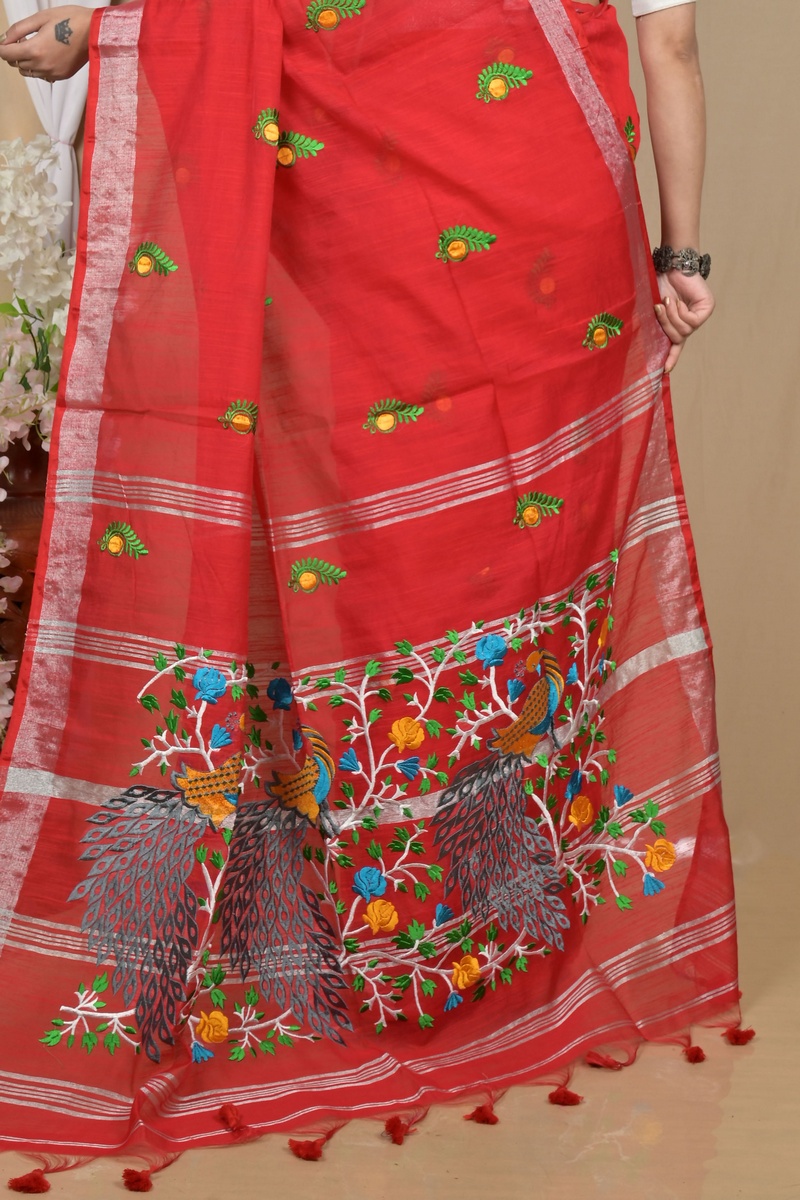 Red Blended Cotton Gijaa Embroidery Handloom saree (2164)