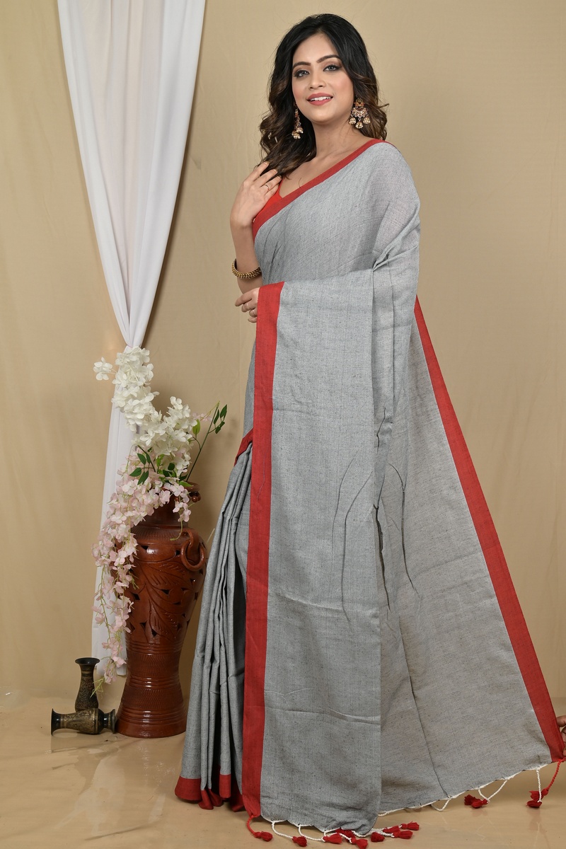 Grey Pure Cotton Gittu Hand Loom Saree (2168)