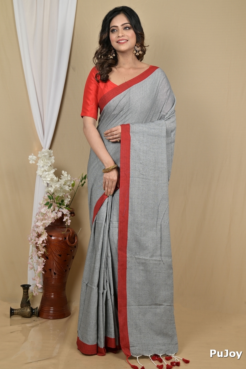Grey Pure Cotton Gittu Hand Loom Saree (2168)
