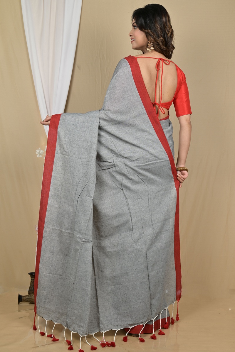 Grey Pure Cotton Gittu Hand Loom Saree (2168)