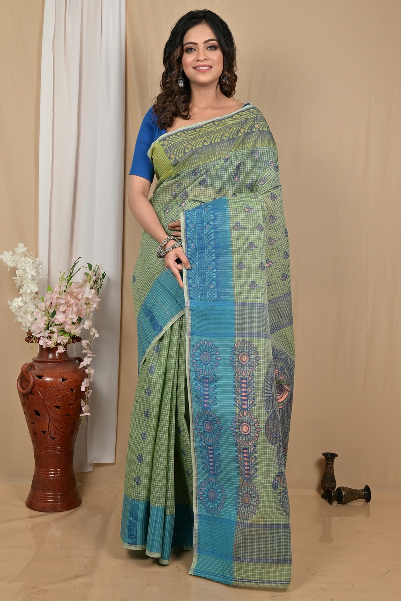 Green Pure Cotton Achto Tant Saree (2171)