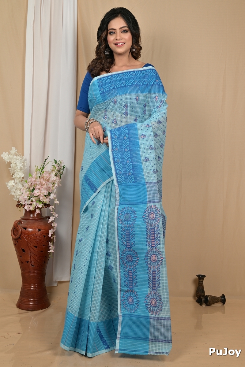 Blue Pure Cotton Achto Tant Saree (2172)