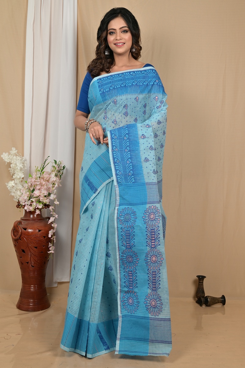 Blue Pure Cotton Achto Tant Saree (2172)