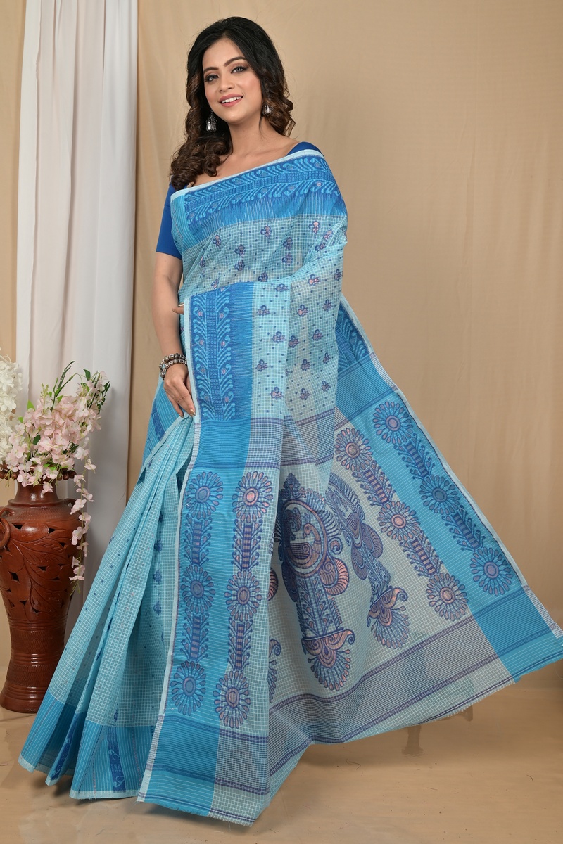 Blue Pure Cotton Achto Tant Saree (2172)