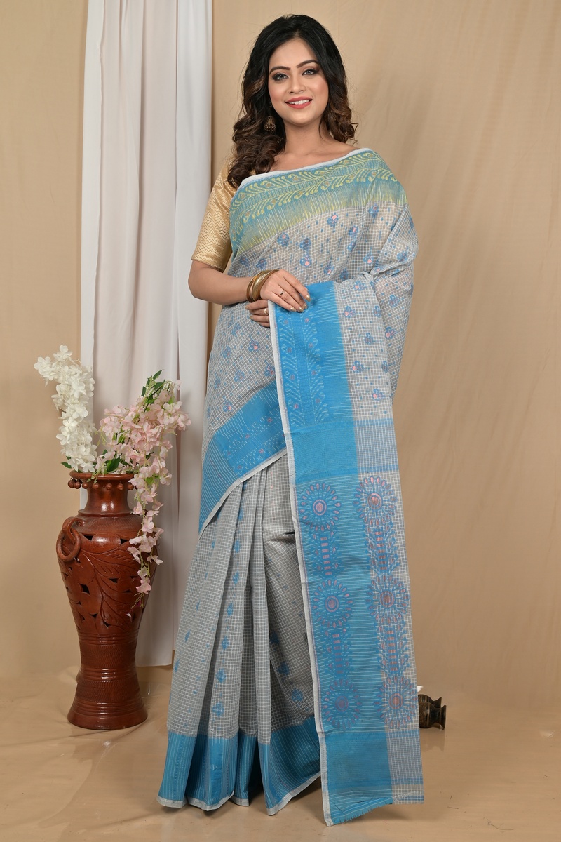 Sky Blue Pure Cotton Achto Tant Saree (2174)