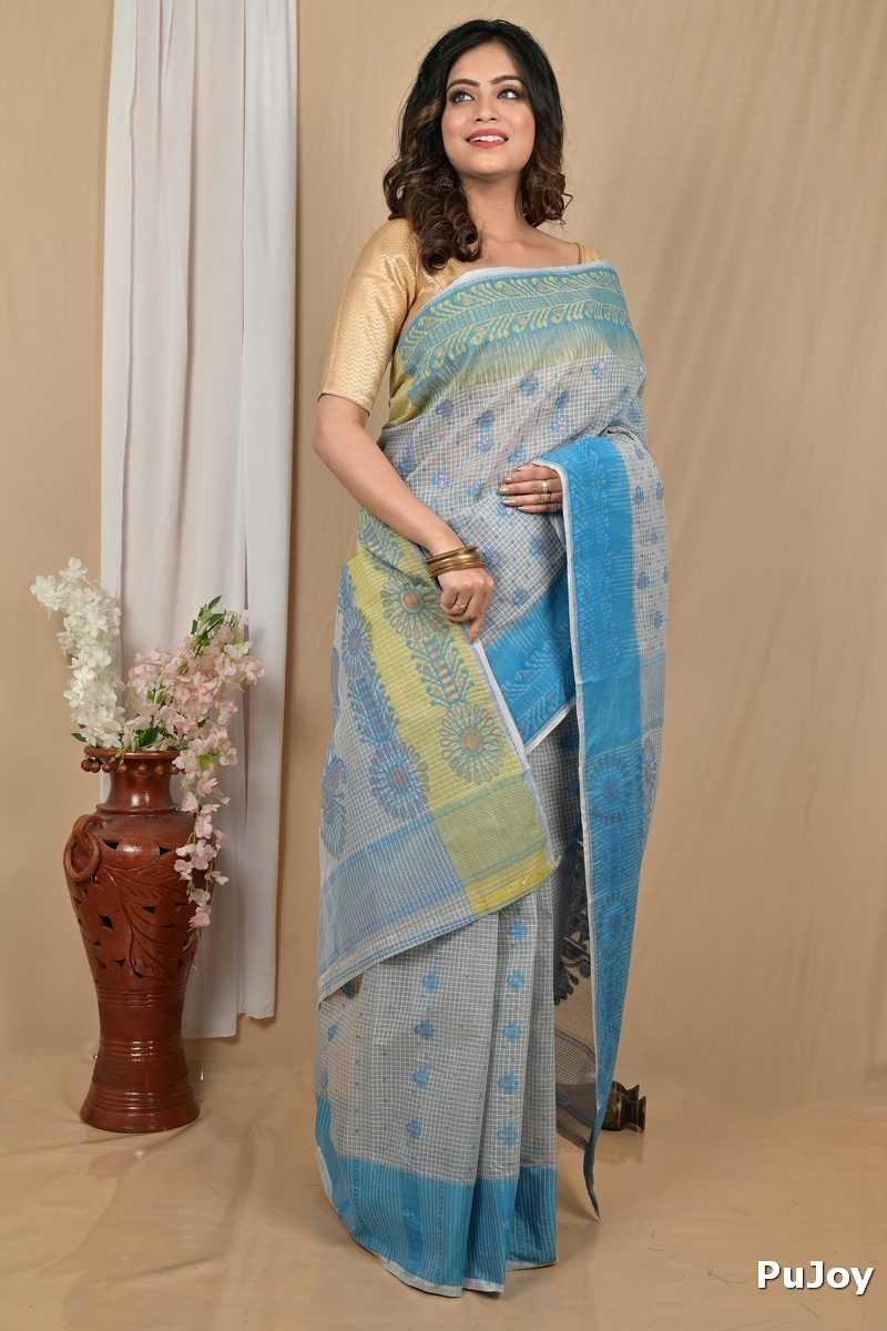 Sky Blue Pure Cotton Achto Tant Saree (2174)