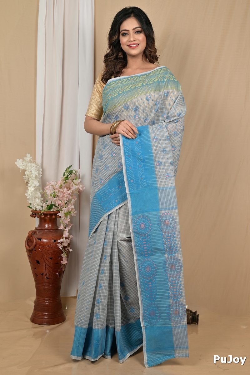 Sky Blue Pure Cotton Achto Tant Saree (2174)