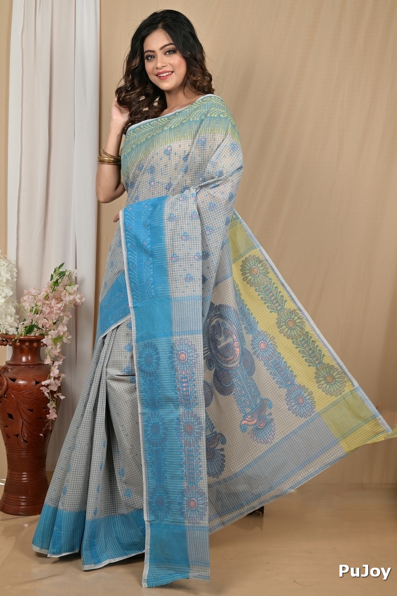 Sky Blue Pure Cotton Achto Tant Saree (2174)