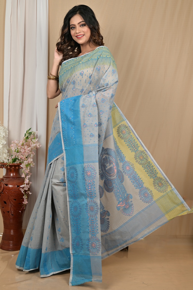 Sky Blue Pure Cotton Achto Tant Saree (2174)