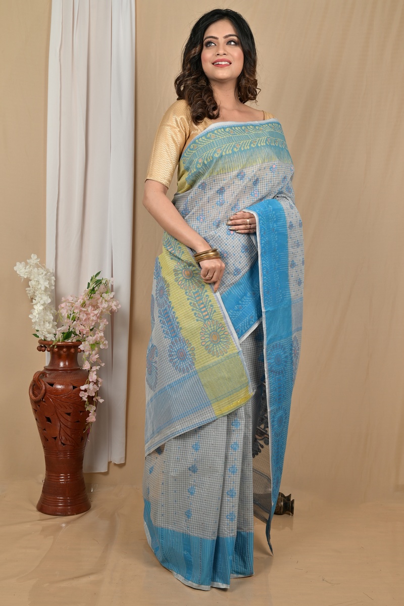 Sky Blue Pure Cotton Achto Tant Saree (2174)