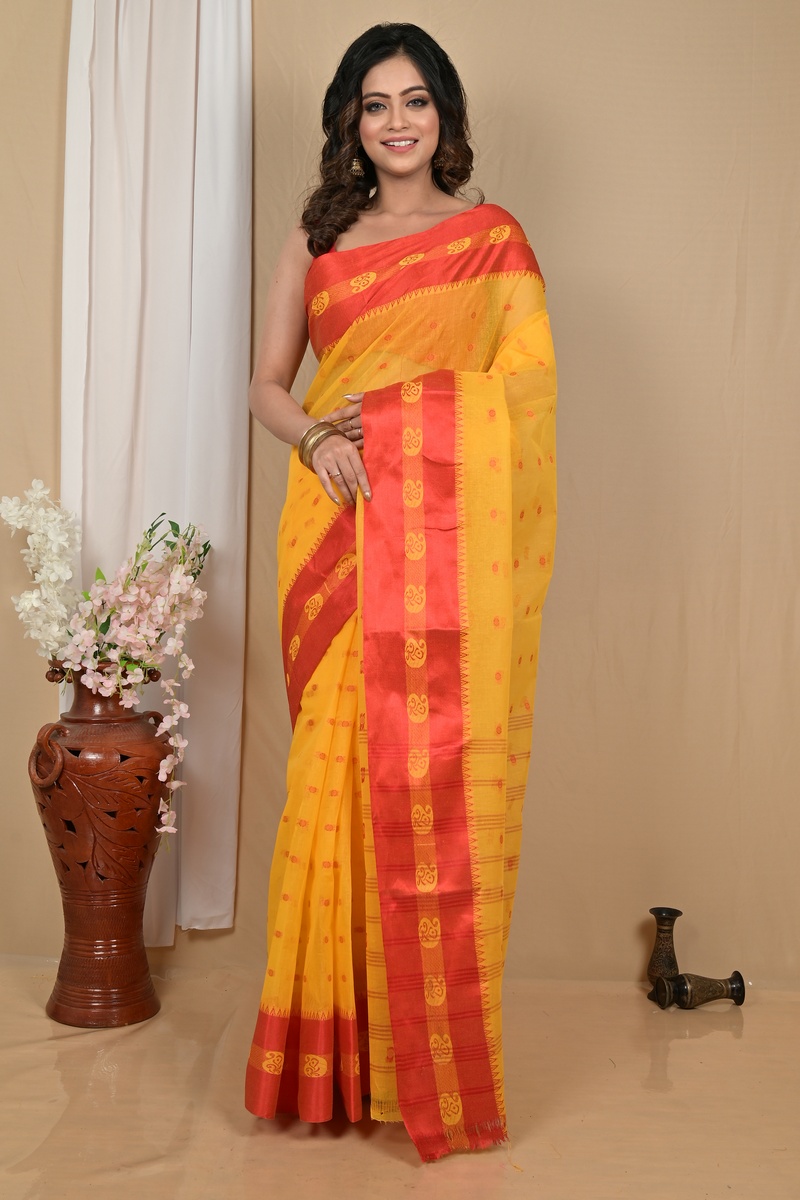 Yellow Red Pure Cotton Achma Tant Saree (2175)