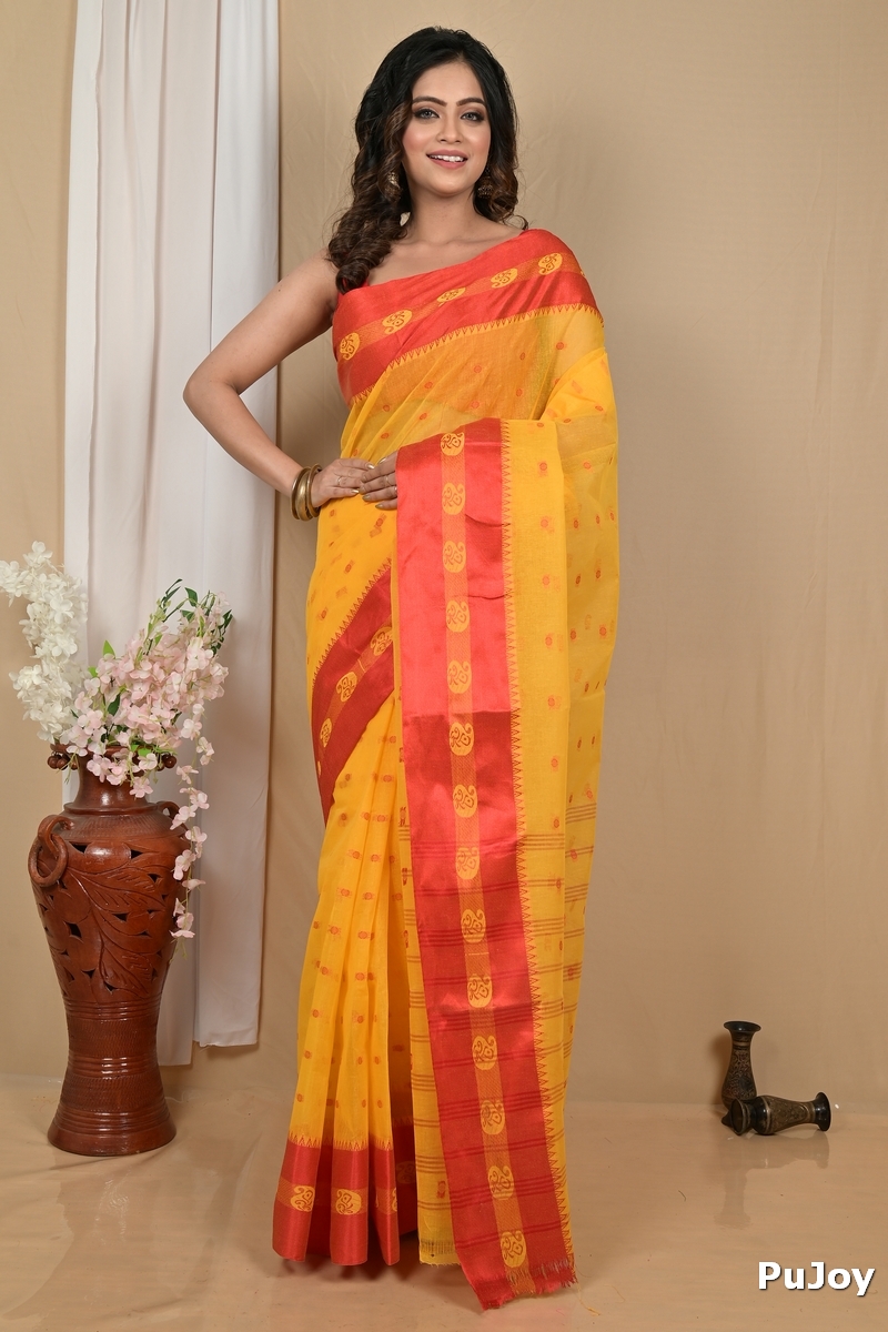 Yellow Red Pure Cotton Achma Tant Saree (2175)