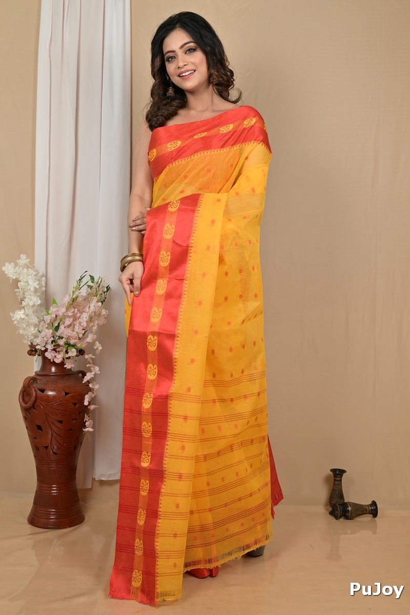 Yellow Red Pure Cotton Achma Tant Saree (2175)