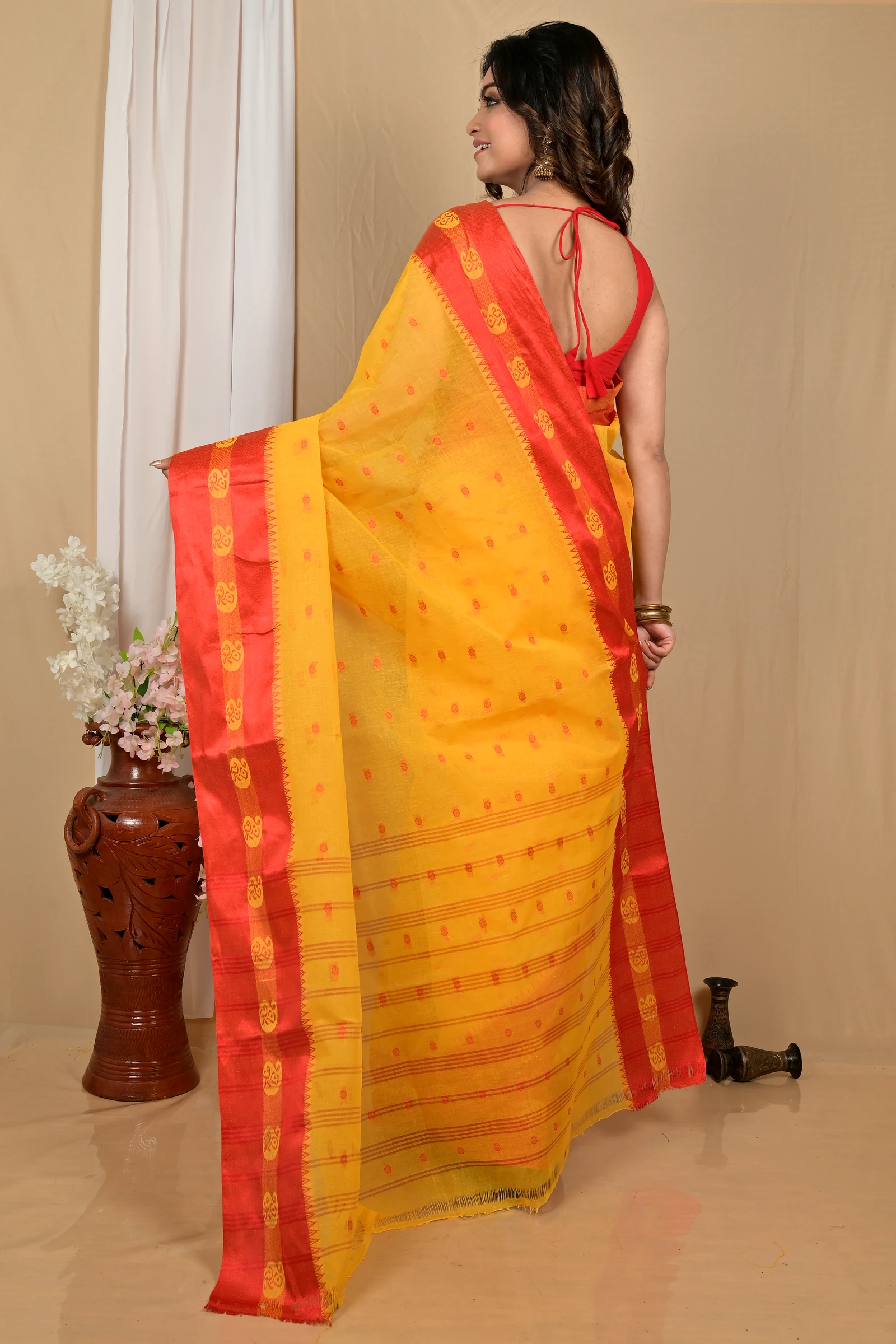Yellow Red Pure Cotton Achma Tant Saree (2175)