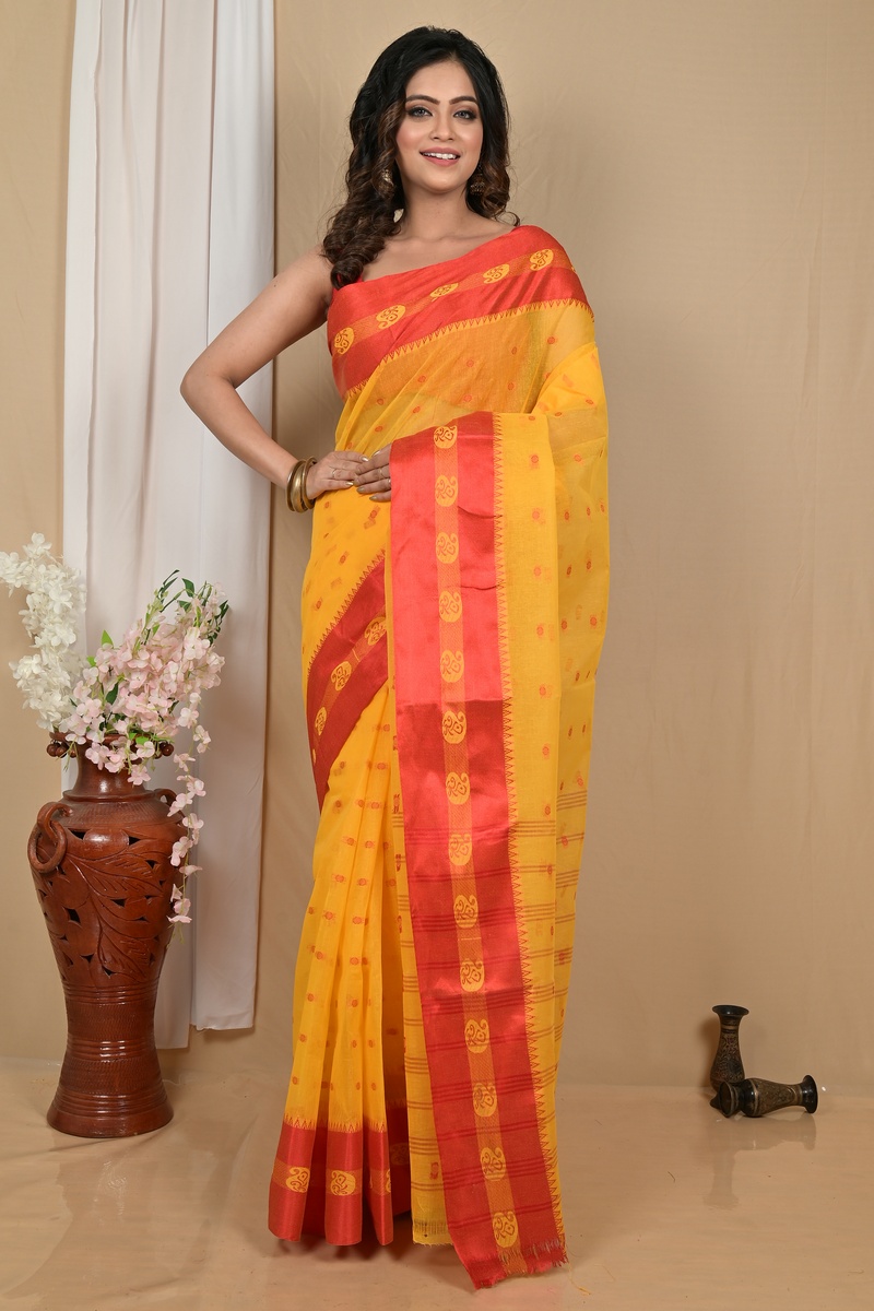 Yellow Red Pure Cotton Achma Tant Saree (2175)