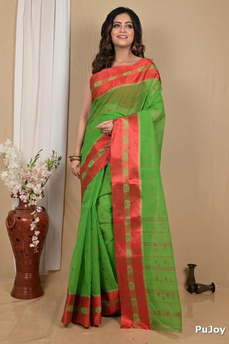 Green Red Pure Cotton Achma Tant Saree (2176)