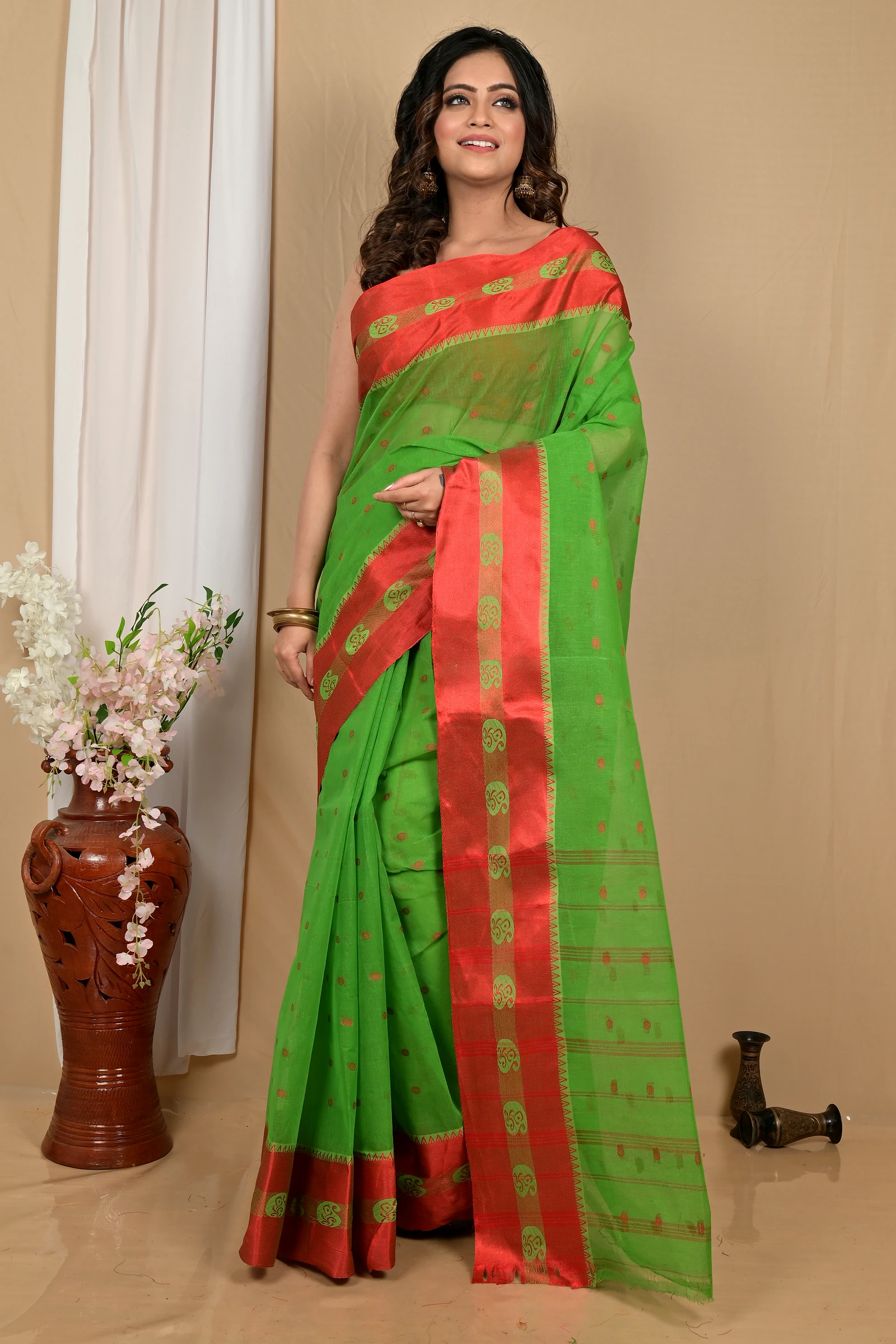 Green Red Pure Cotton Achma Tant Saree (2176)