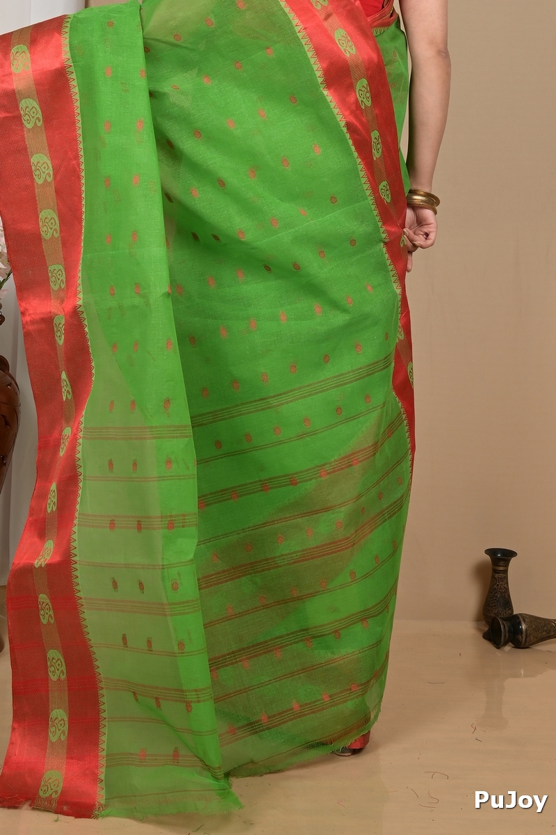 Green Red Pure Cotton Achma Tant Saree (2176)