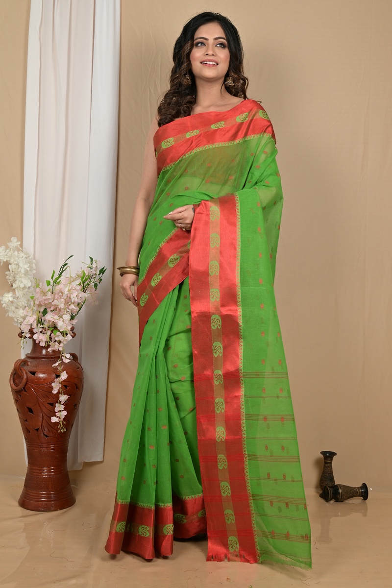 Green Red Pure Cotton Achma Tant Saree (2176)