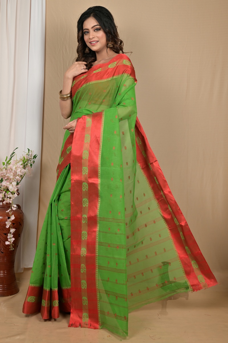 Green Red Pure Cotton Achma Tant Saree (2176)