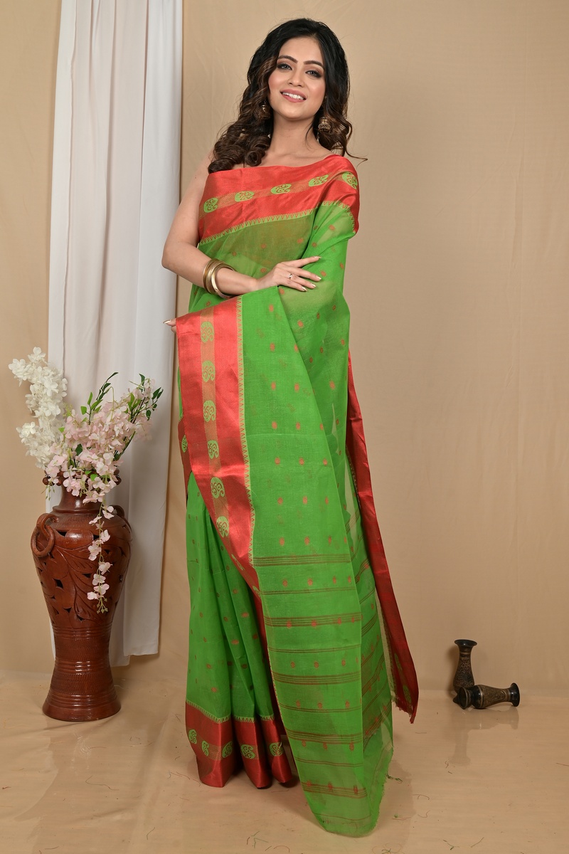 Green Red Pure Cotton Achma Tant Saree (2176)