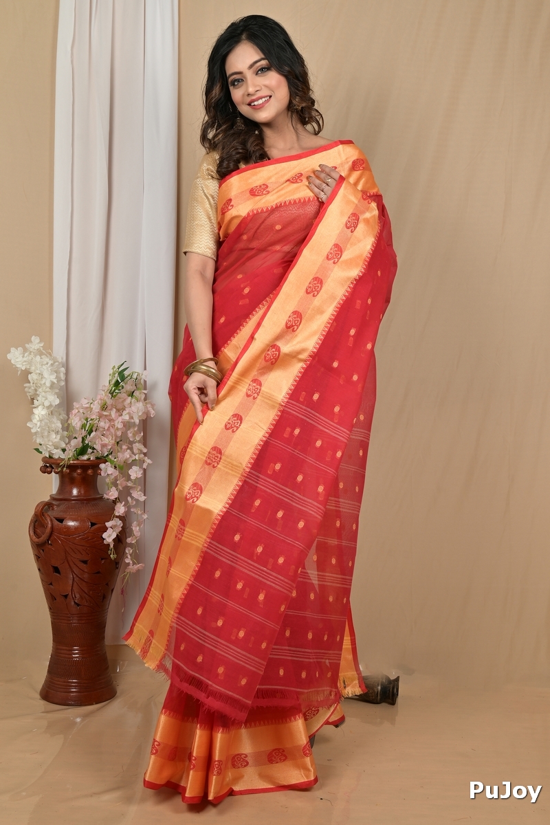 Red Gold Pure Cotton Achma Tant Saree (2179)