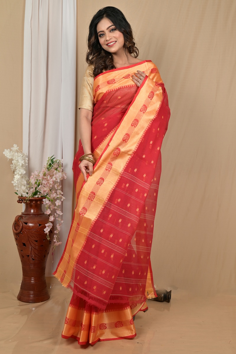 Red Gold Pure Cotton Achma Tant Saree (2179)