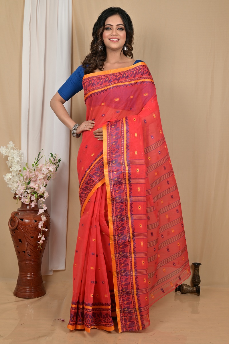 Red Pure Cotton Achlin Tant Saree (2183)