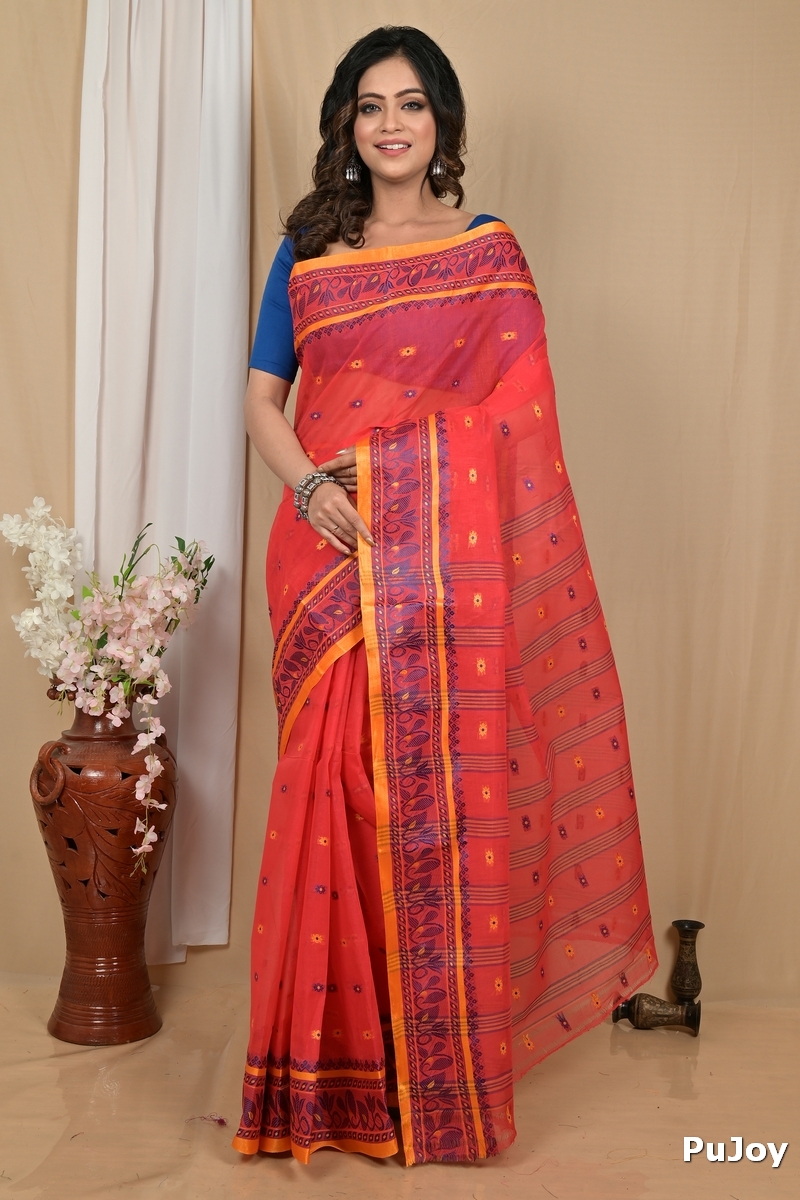 Red Pure Cotton Achlin Tant Saree (2183)
