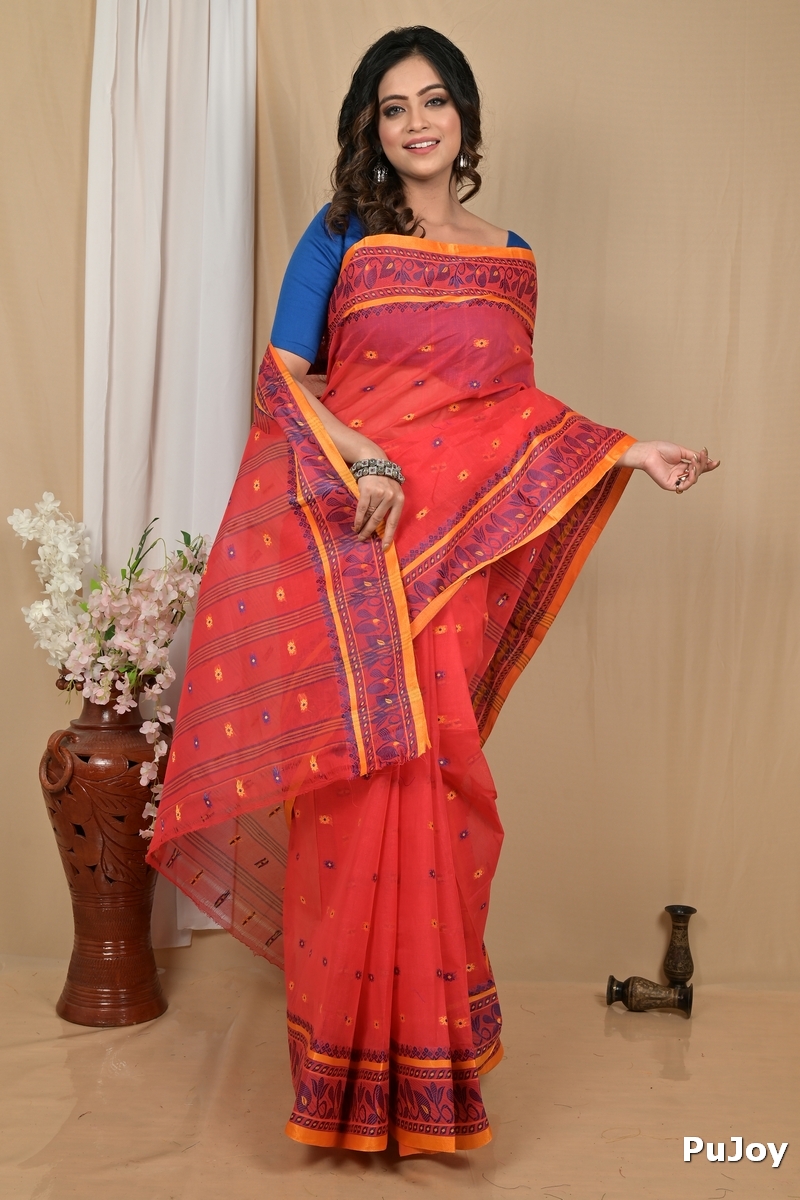 Red Pure Cotton Achlin Tant Saree (2183)