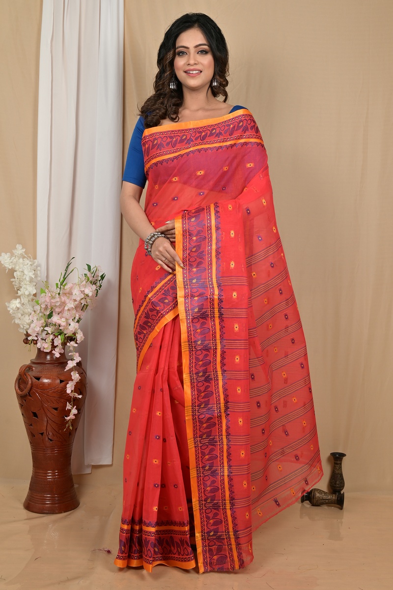 Red Pure Cotton Achlin Tant Saree (2183)