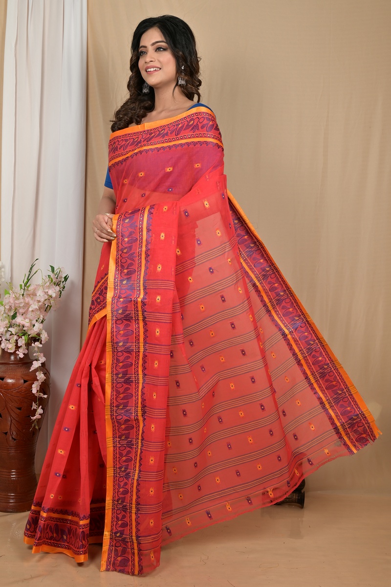 Red Pure Cotton Achlin Tant Saree (2183)