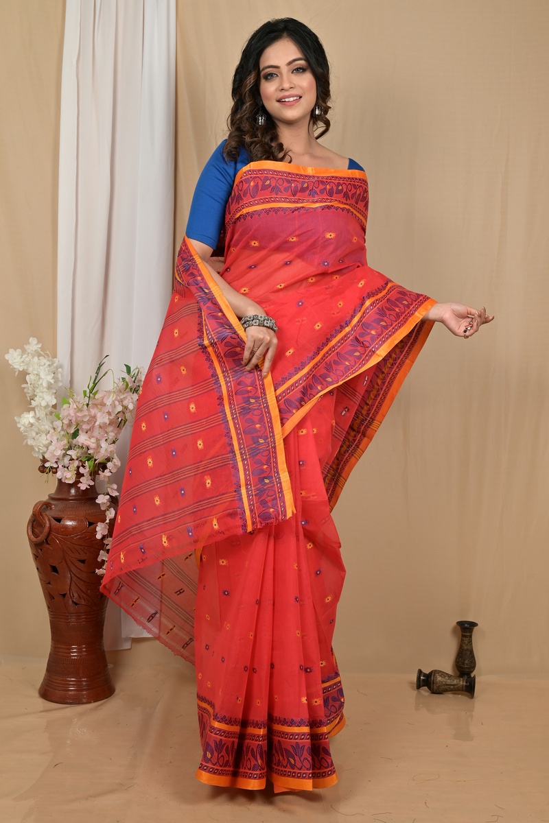 Red Pure Cotton Achlin Tant Saree (2183)