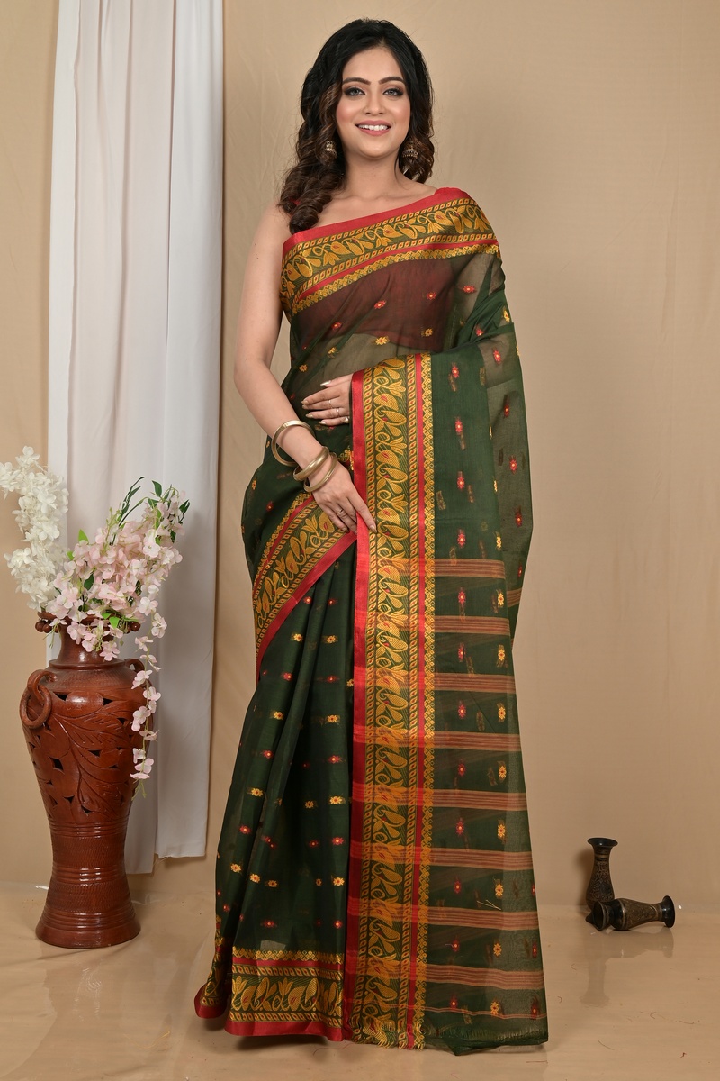 Dark Green Pure Cotton Achlin Tant Saree (2185)