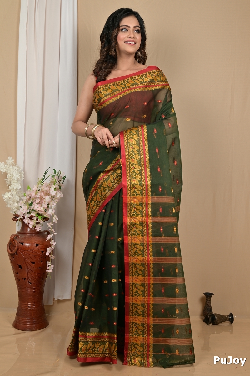 Dark Green Pure Cotton Achlin Tant Saree (2185)