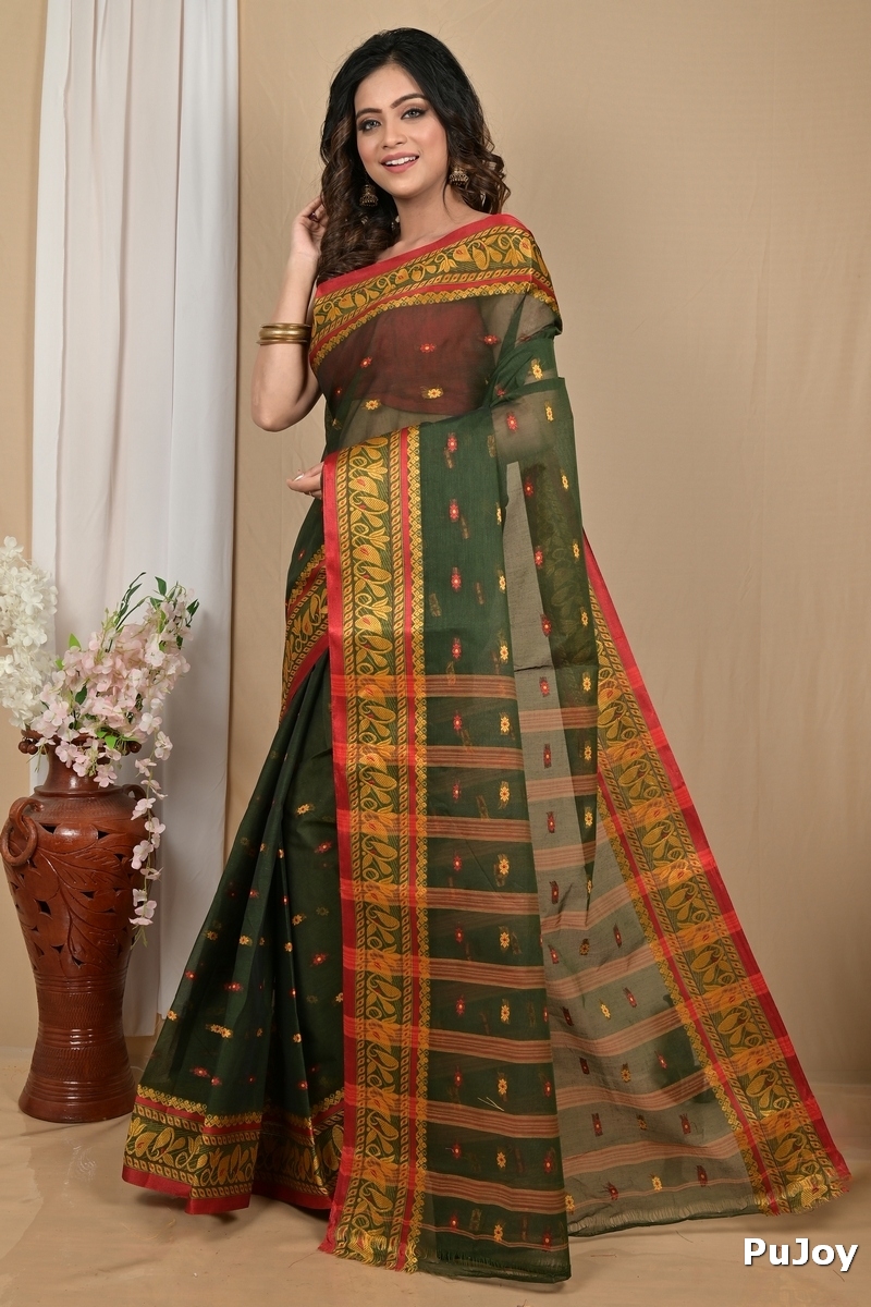 Dark Green Pure Cotton Achlin Tant Saree (2185)
