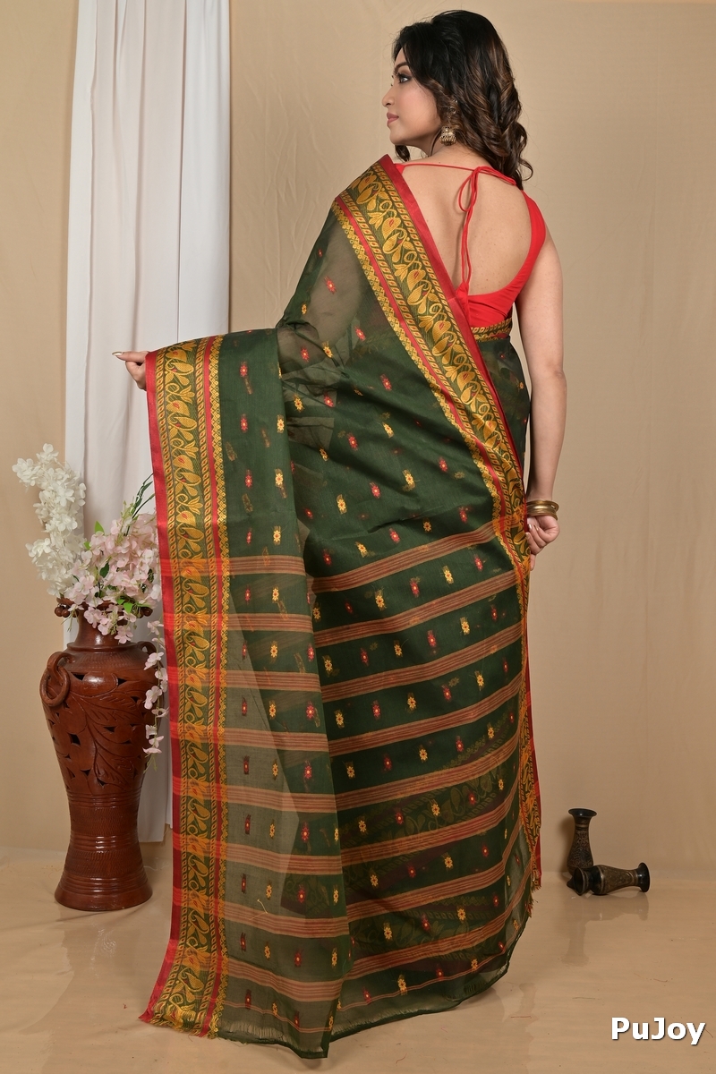 Dark Green Pure Cotton Achlin Tant Saree (2185)