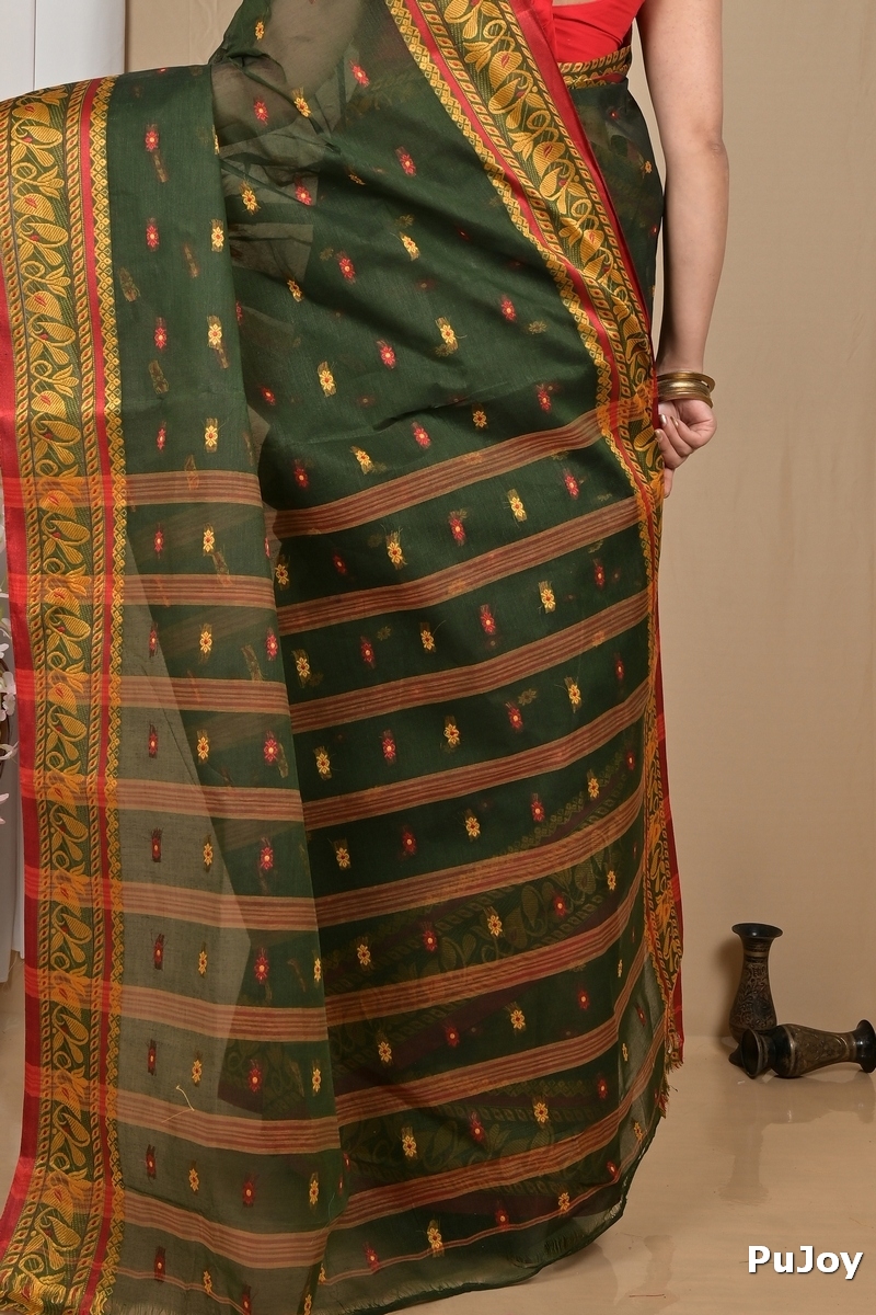 Dark Green Pure Cotton Achlin Tant Saree (2185)