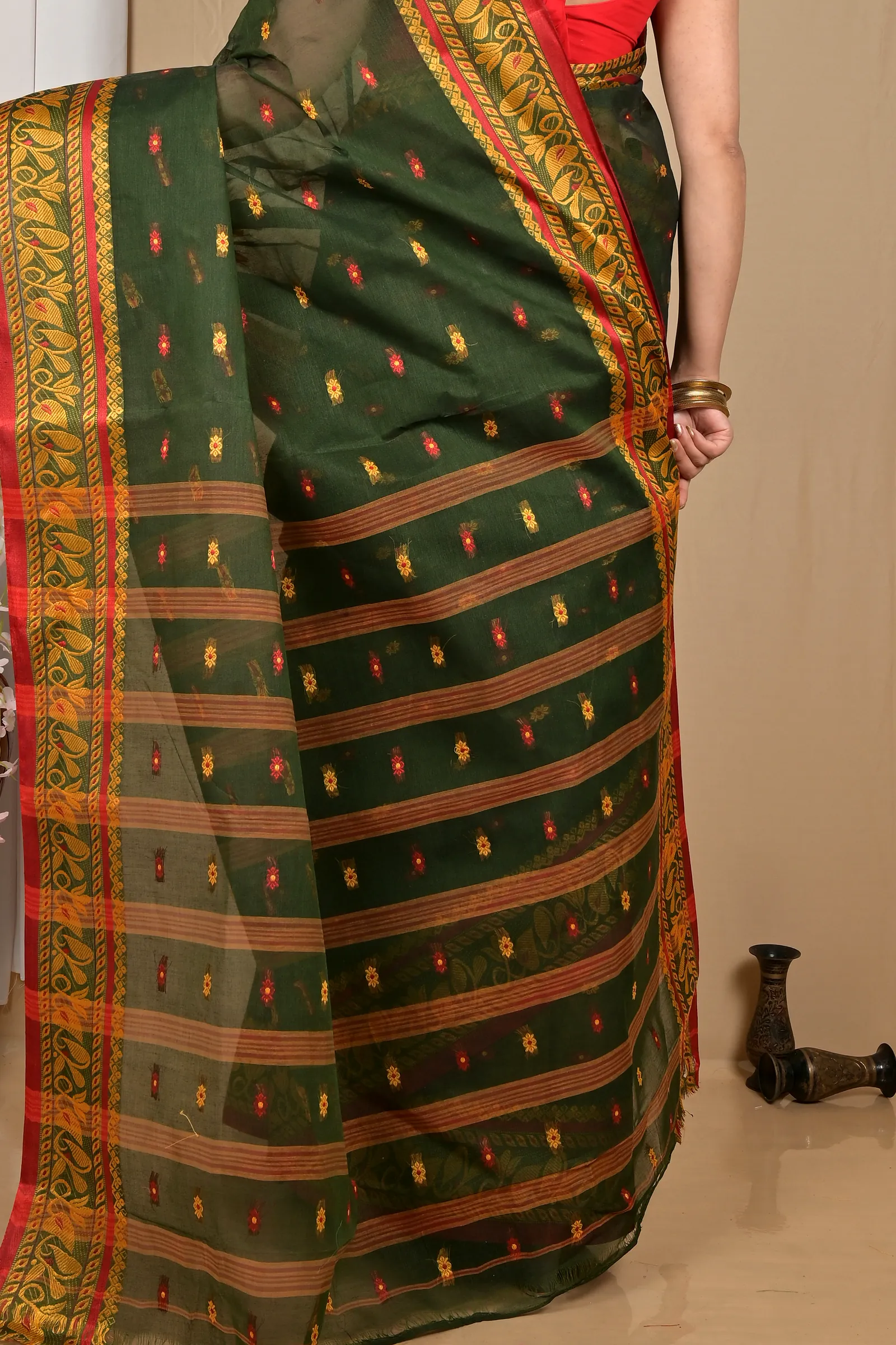 Dark Green Pure Cotton Achlin Tant Saree (2185)