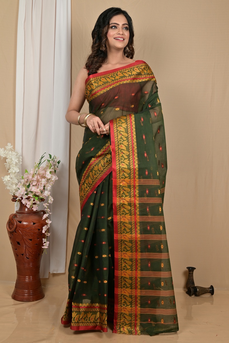 Dark Green Pure Cotton Achlin Tant Saree (2185)