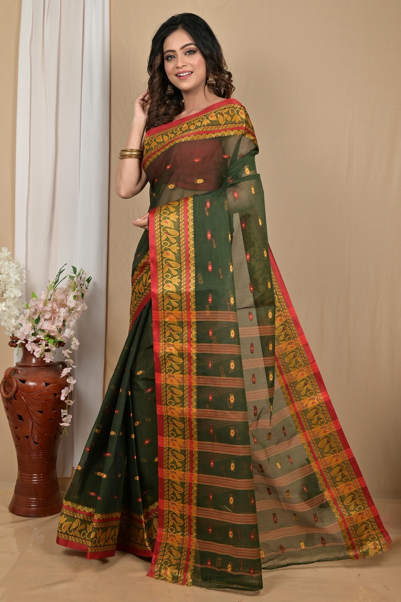 Dark Green Pure Cotton Achlin Tant Saree (2185)