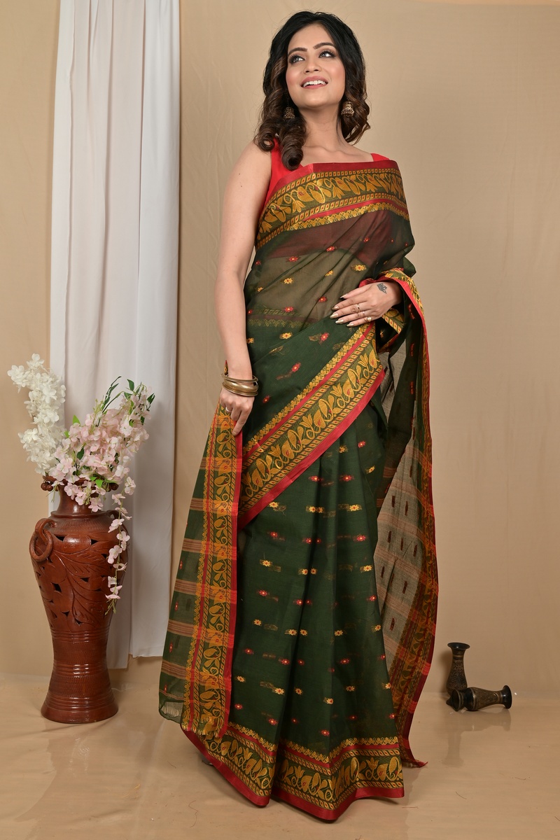 Dark Green Pure Cotton Achlin Tant Saree (2185)