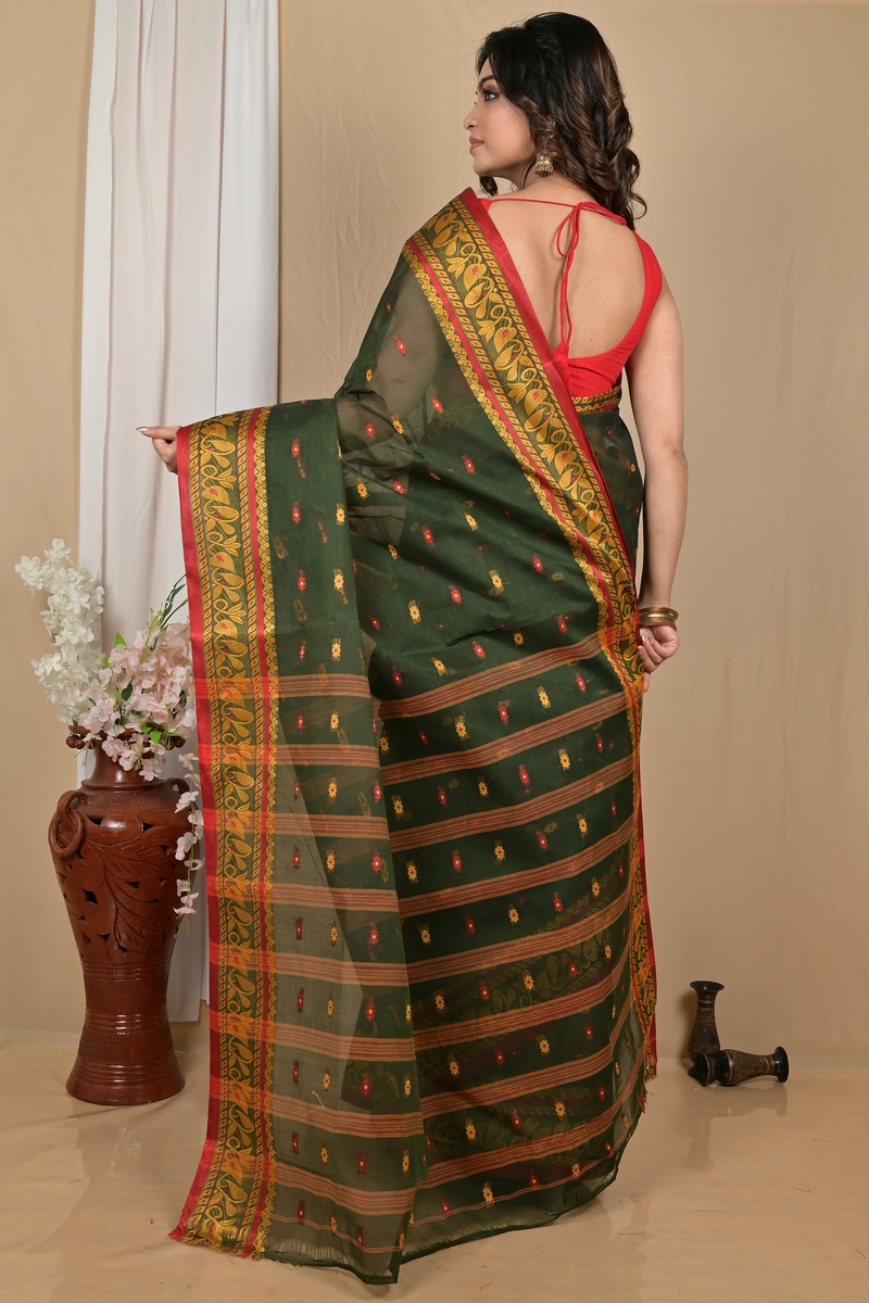Dark Green Pure Cotton Achlin Tant Saree (2185)