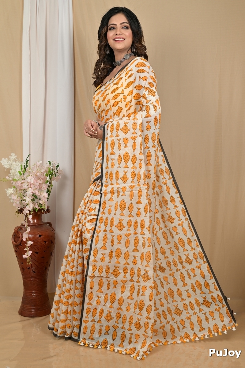 Yellow White Pure Cotton Achdik Kalamkari Printed Saree (2190)