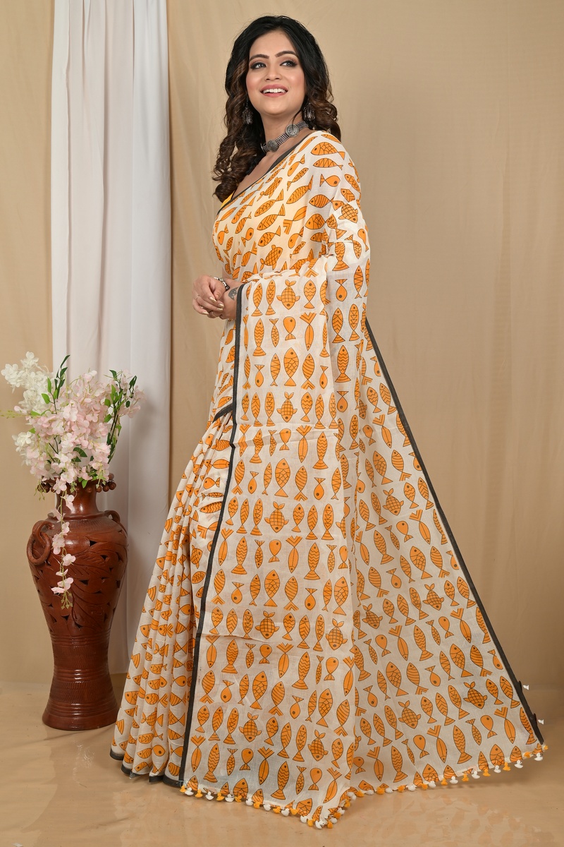 Yellow White Pure Cotton Achdik Kalamkari Printed Saree (2190)
