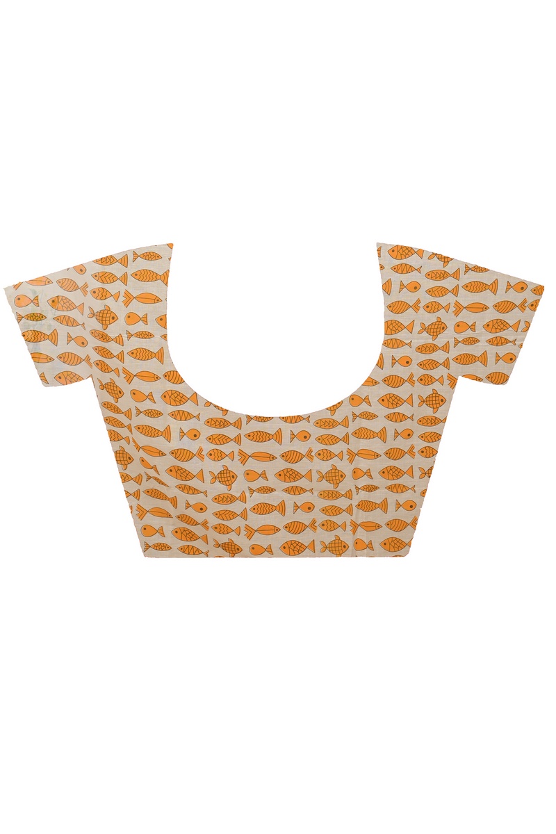 Yellow White Pure Cotton Achdik Kalamkari Printed Saree (2190)