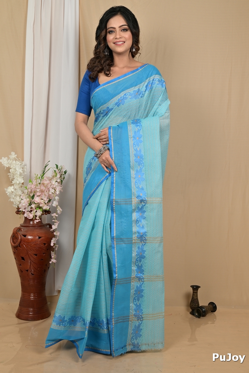 Sky Blue Pure Cotton Achpan Tant Saree (2194)