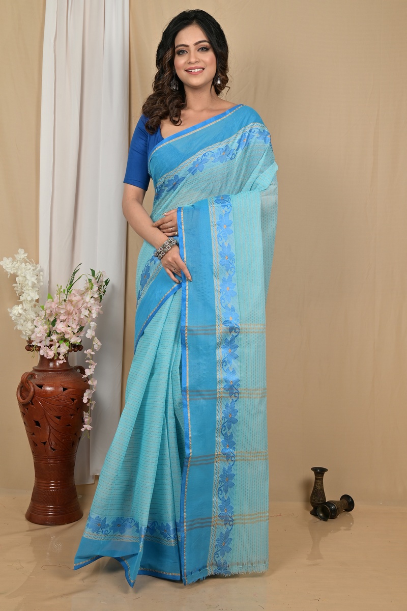 Sky Blue Pure Cotton Achpan Tant Saree (2194)