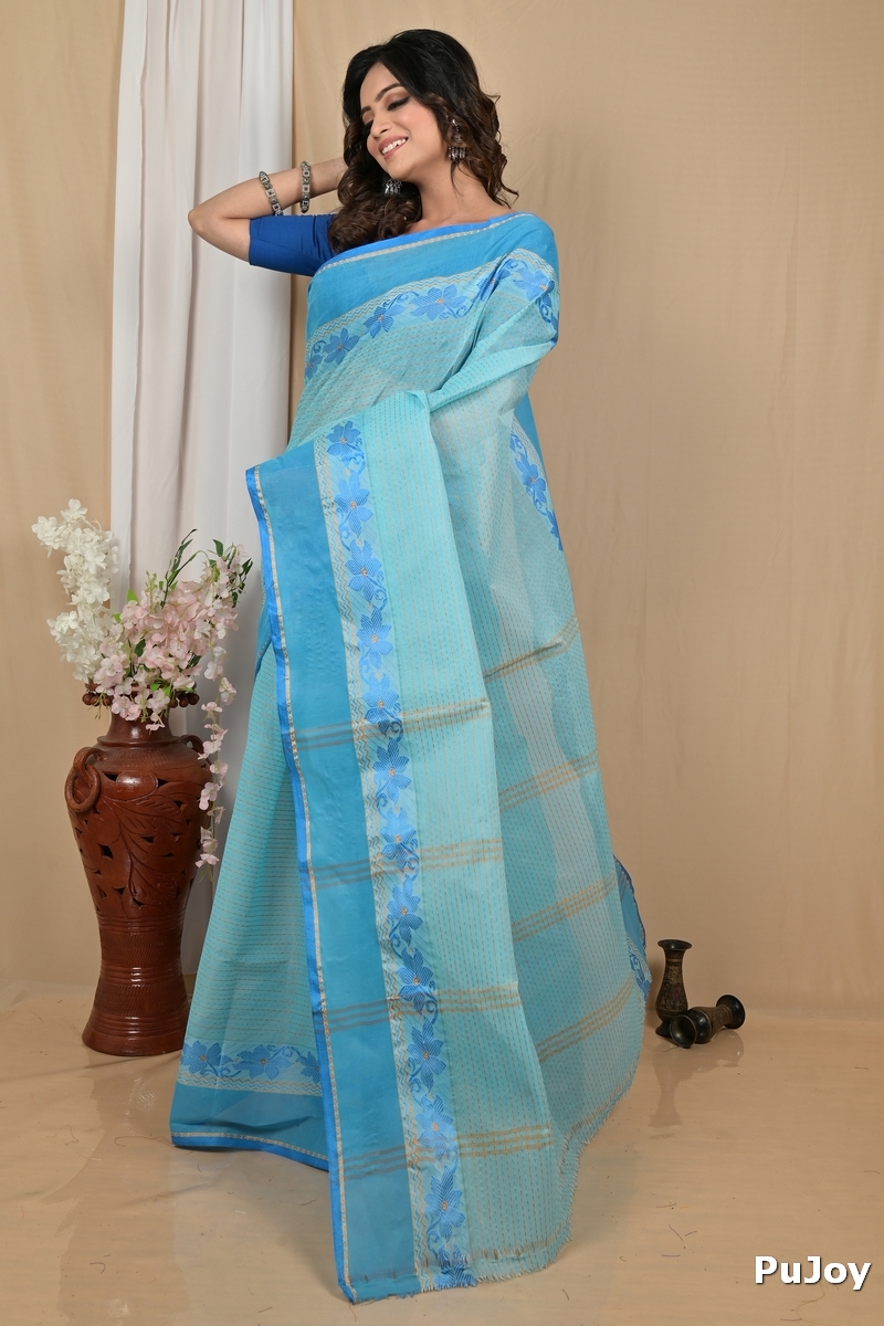 Sky Blue Pure Cotton Achpan Tant Saree (2194)