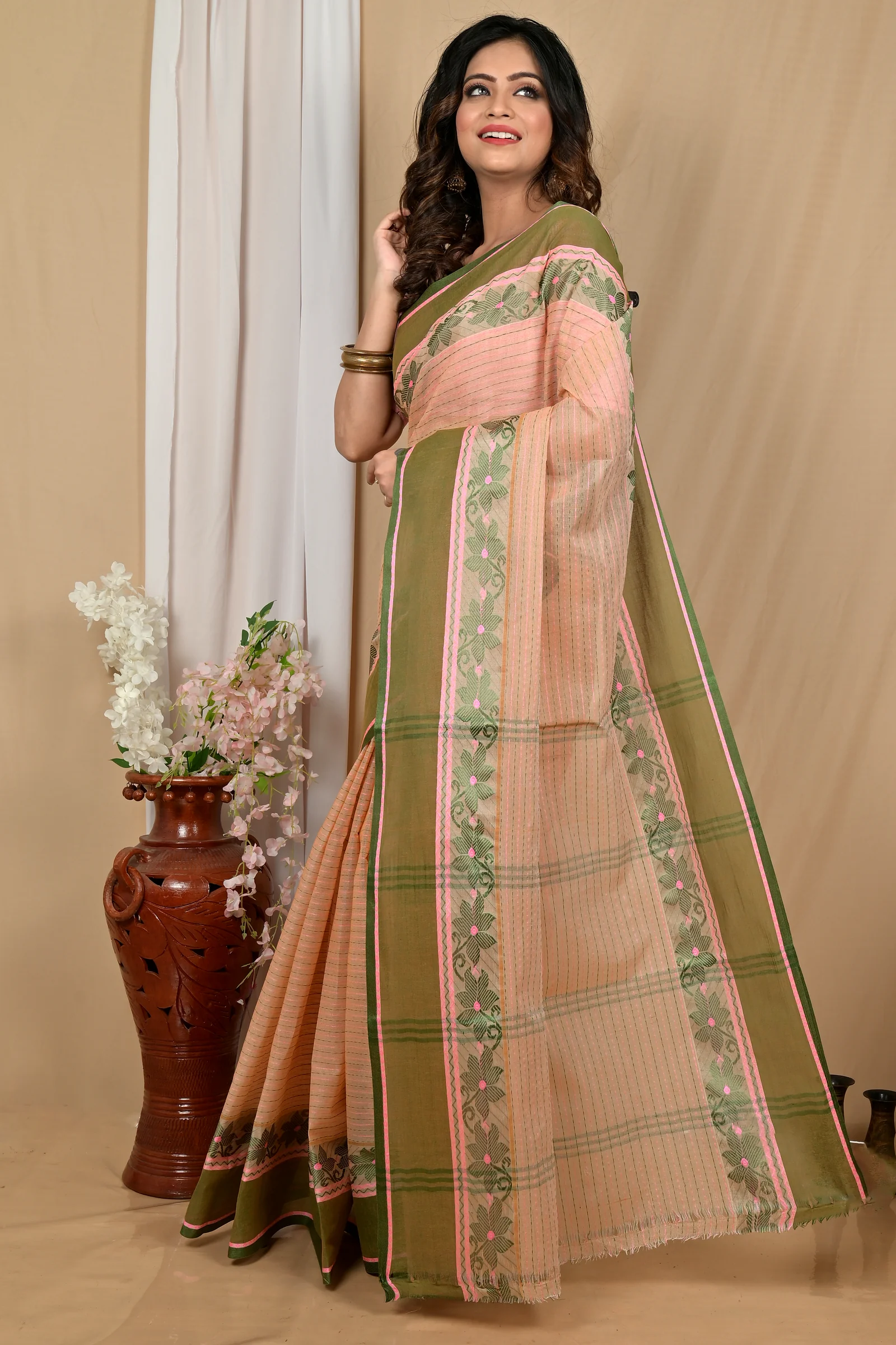 Soft Peach Pure Cotton Achpan Tant Saree (2199)